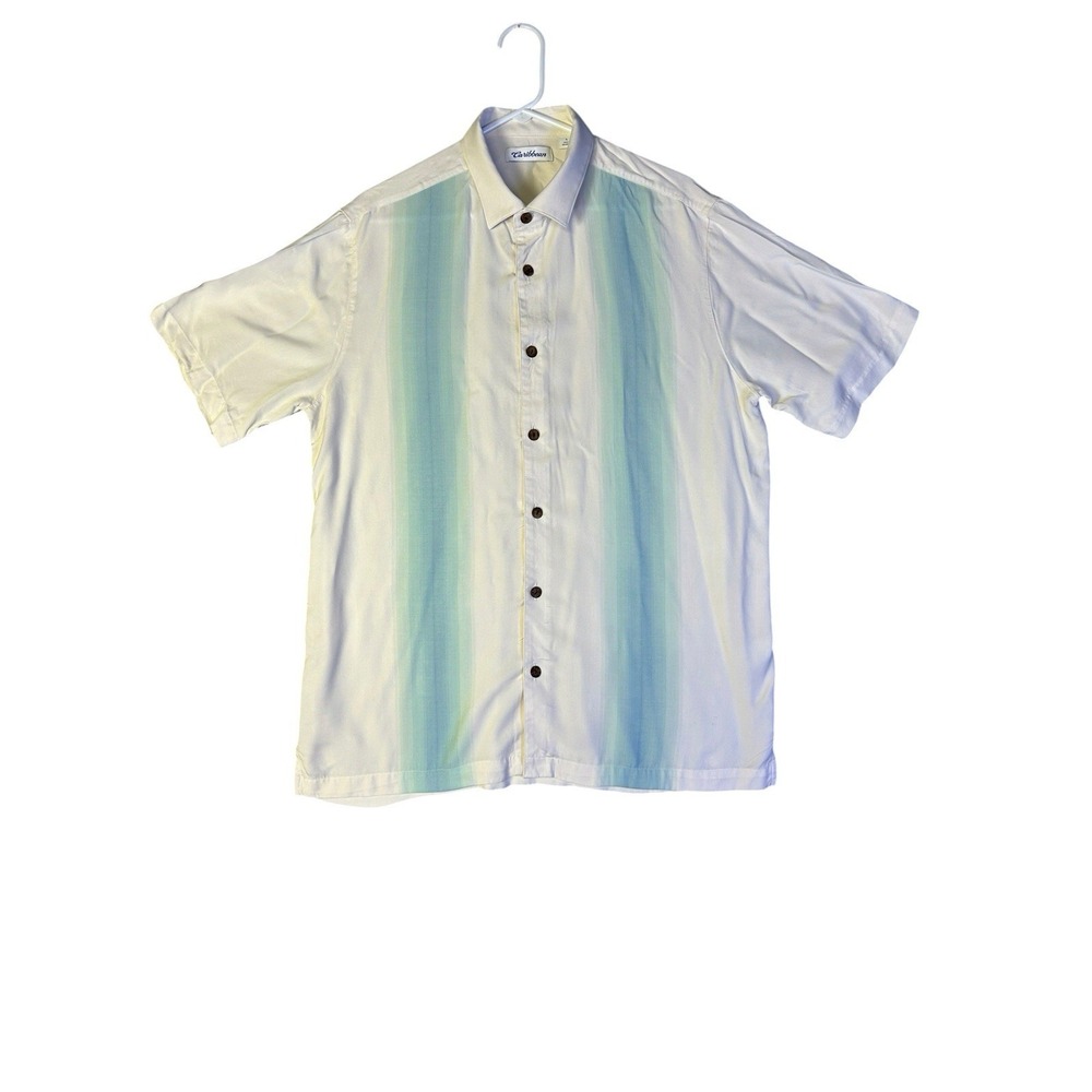 Caribbean Vertical Ivory/Green Panel Modal Blend Camp Shirt Short Sleeve Men's L